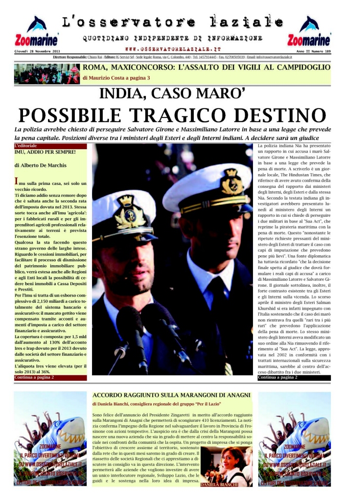 L'osservatore d'Italia edizione del 28 Novembre 2013
